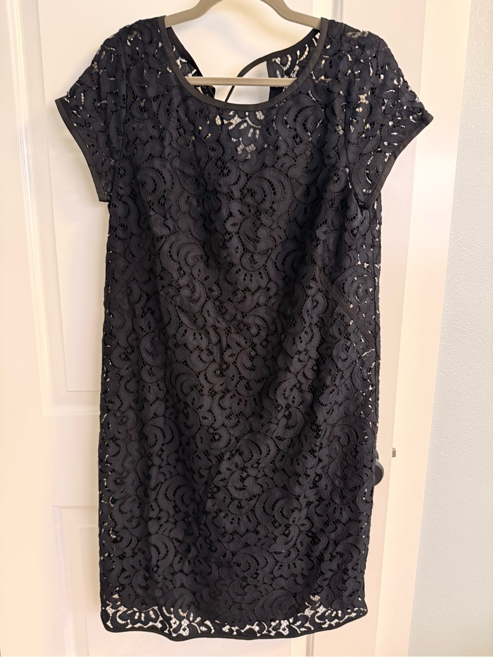 LOFT Black Lace Shift Dress with Short Sleeves